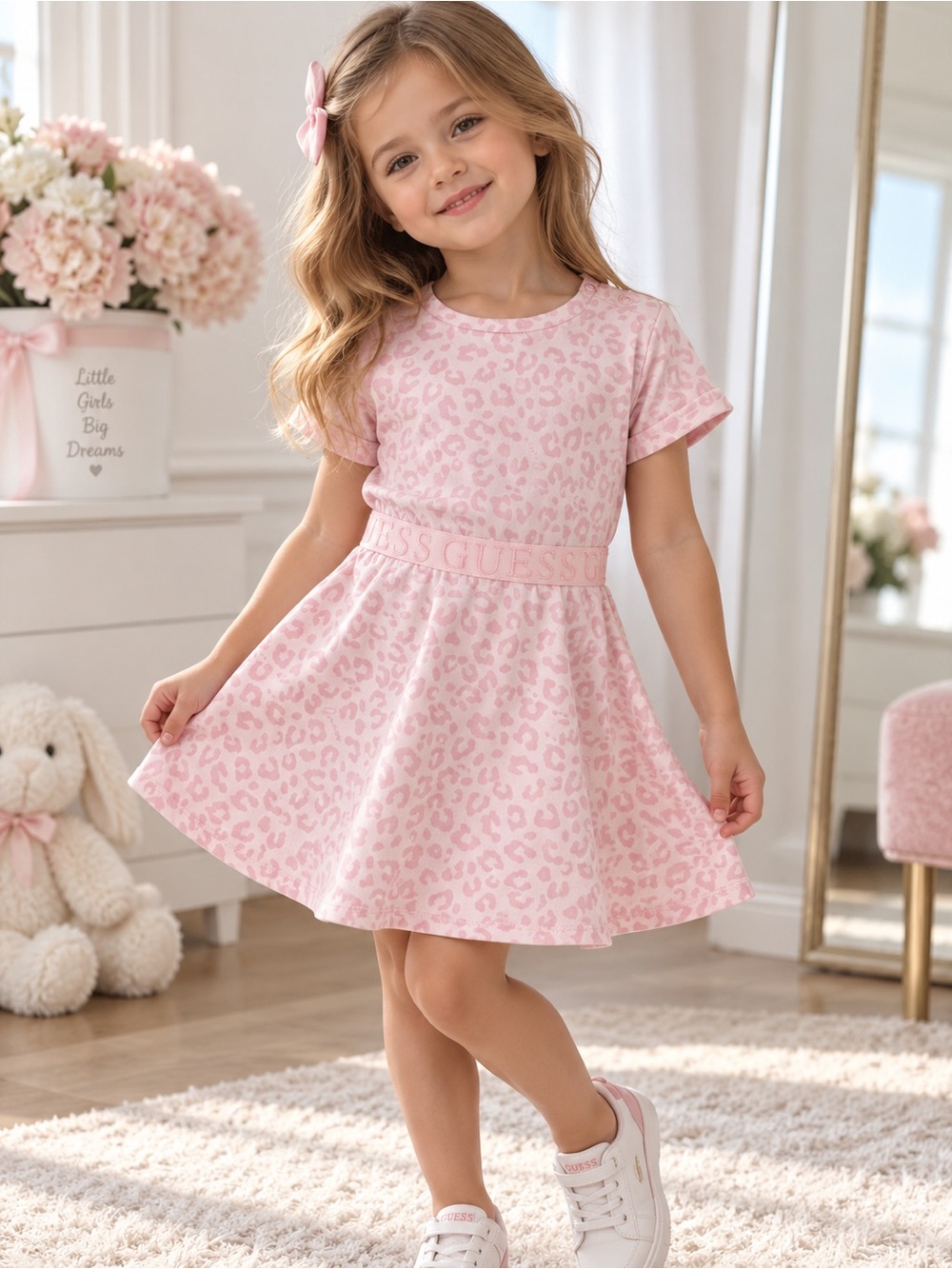 Guess Pink Leopard-Print Short Sleeve Dress for Girls